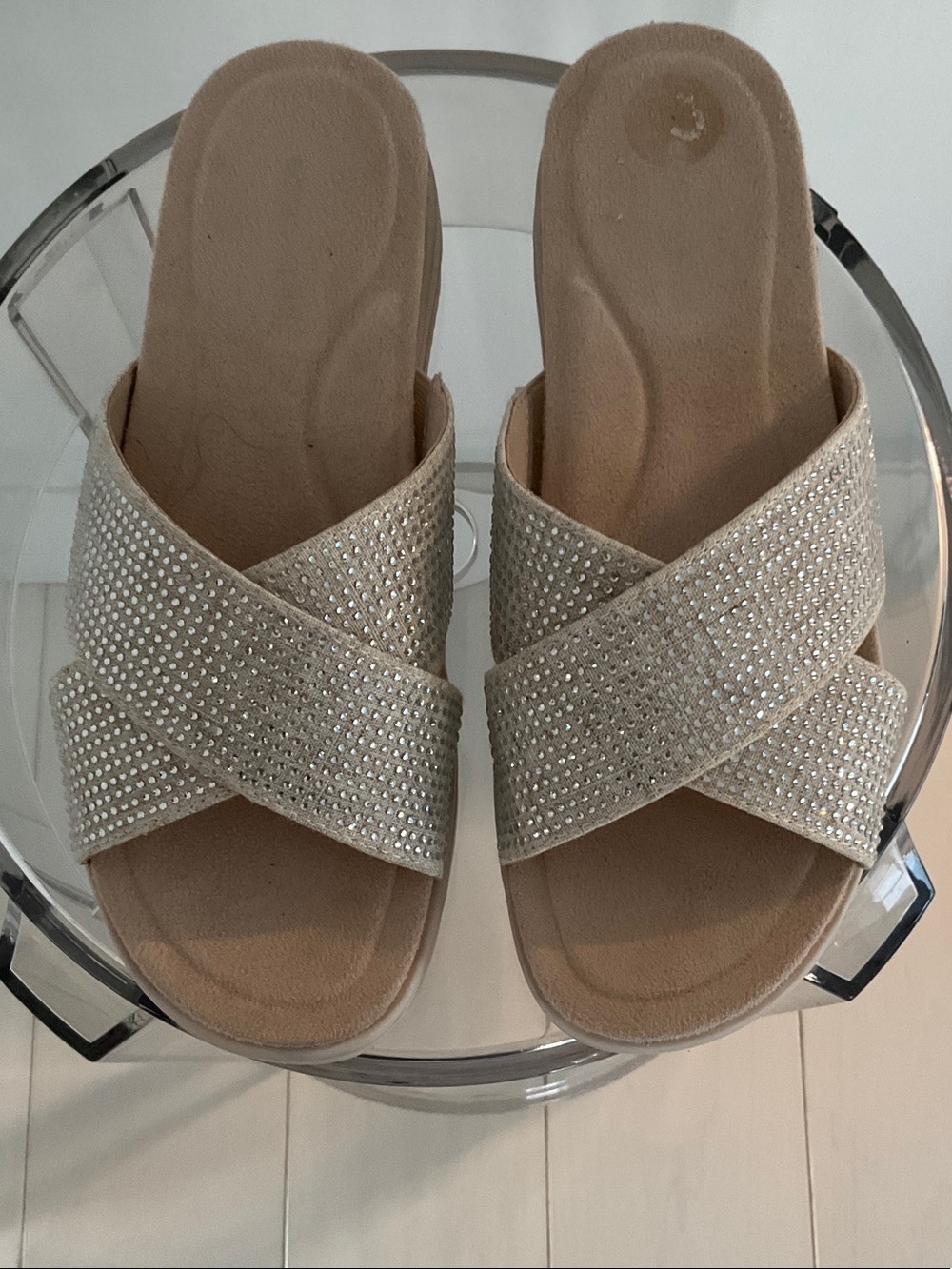 Easy Spirit Crystal-Embellished Crossband Slide Sandals - Beige